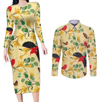 Aloha Hawaii Couples Matching Long Sleeve Bodycon Dress and Long Sleeve Button Shirt I'iwi on Mamane Pastel Cream LT7 Light Yellow - Polynesian Pride