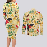 Aloha Hawaii Couples Matching Long Sleeve Bodycon Dress and Long Sleeve Button Shirt I'iwi on Mamane Pastel Cream LT7 - Polynesian Pride