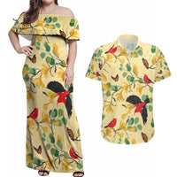 Aloha Hawaii Couples Matching Off Shoulder Maxi Dress and Hawaiian Shirt I'iwi on Mamane Pastel Cream LT7 Light Yellow - Polynesian Pride