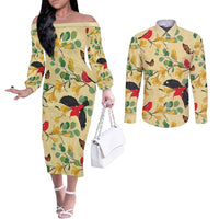 Aloha Hawaii Couples Matching Off The Shoulder Long Sleeve Dress and Long Sleeve Button Shirt I'iwi on Mamane Pastel Cream LT7 Light Yellow - Polynesian Pride