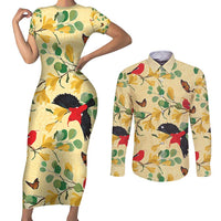 Aloha Hawaii Couples Matching Short Sleeve Bodycon Dress and Long Sleeve Button Shirt I'iwi on Mamane Pastel Cream LT7 Light Yellow - Polynesian Pride
