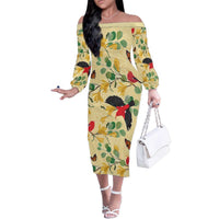 Aloha Hawaii Family Matching Off The Shoulder Long Sleeve Dress and Hawaiian Shirt I'iwi on Mamane Pastel Cream LT7 Mom's Dress Light Yellow - Polynesian Pride