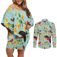 Aloha Hawaii Couples Matching Off Shoulder Short Dress and Long Sleeve Button Shirt I'iwi on Mamane Pastel Turquoise
