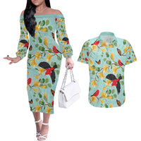 Aloha Hawaii Couples Matching Off The Shoulder Long Sleeve Dress and Hawaiian Shirt I'iwi on Mamane Pastel Turquoise LT7 Turquoise - Polynesian Pride