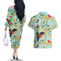 Aloha Hawaii Couples Matching Off The Shoulder Long Sleeve Dress and Hawaiian Shirt I'iwi on Mamane Pastel Turquoise LT7 - Polynesian Pride