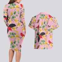 Aloha Hawaii Couples Matching Long Sleeve Bodycon Dress and Hawaiian Shirt I'iwi on Mamane Pastel Pink LT7 - Polynesian Pride