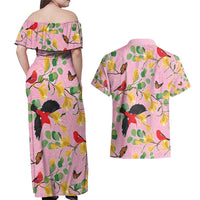 Aloha Hawaii Couples Matching Off Shoulder Maxi Dress and Hawaiian Shirt I'iwi on Mamane Pastel Pink LT7 - Polynesian Pride