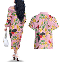 Aloha Hawaii Couples Matching Off The Shoulder Long Sleeve Dress and Hawaiian Shirt I'iwi on Mamane Pastel Pink LT7 - Polynesian Pride