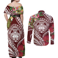 Aloha Hawaii Big Island Couples Matching Off Shoulder Maxi Dress and Long Sleeve Button Shirt Ohia Lehua Wahine LT7 - Polynesian Pride