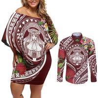 Aloha Hawaii Big Island Couples Matching Off Shoulder Short Dress and Long Sleeve Button Shirt Ohia Lehua Wahine LT7 Red - Polynesian Pride
