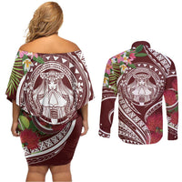 Aloha Hawaii Big Island Couples Matching Off Shoulder Short Dress and Long Sleeve Button Shirt Ohia Lehua Wahine LT7 - Polynesian Pride