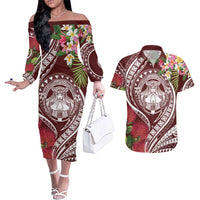 Aloha Hawaii Big Island Couples Matching Off The Shoulder Long Sleeve Dress and Hawaiian Shirt Ohia Lehua Wahine LT7 Red - Polynesian Pride