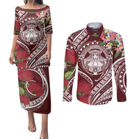 Aloha Hawaii Big Island Couples Matching Puletasi and Long Sleeve Button Shirt Ohia Lehua Wahine LT7 Red - Polynesian Pride