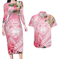 Aloha Hawaii Maui Couples Matching Long Sleeve Bodycon Dress and Hawaiian Shirt Goddess Lokelani Rose LT7 Pink - Polynesian Pride