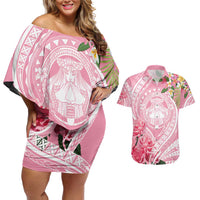 Aloha Hawaii Maui Couples Matching Off Shoulder Short Dress and Hawaiian Shirt Goddess Lokelani Rose LT7 Pink - Polynesian Pride