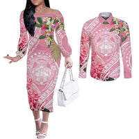 Aloha Hawaii Maui Couples Matching Off The Shoulder Long Sleeve Dress and Long Sleeve Button Shirt Goddess Lokelani Rose LT7 Pink - Polynesian Pride