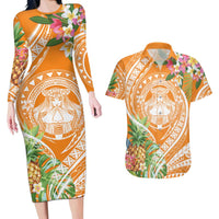 Aloha Hawaii Lanai Couples Matching Long Sleeve Bodycon Dress and Hawaiian Shirt Frangipani Mix Pineapple LT7 Orange - Polynesian Pride