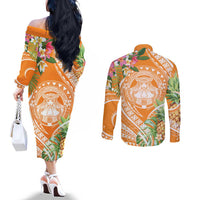 Aloha Hawaii Lanai Couples Matching Off The Shoulder Long Sleeve Dress and Long Sleeve Button Shirt Frangipani Mix Pineapple LT7 - Polynesian Pride