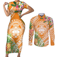 Aloha Hawaii Lanai Couples Matching Short Sleeve Bodycon Dress and Long Sleeve Button Shirt Frangipani Mix Pineapple LT7 Orange - Polynesian Pride