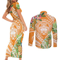 Aloha Hawaii Lanai Couples Matching Short Sleeve Bodycon Dress and Long Sleeve Button Shirt Frangipani Mix Pineapple LT7 - Polynesian Pride