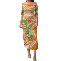 Aloha Hawaii Lanai Family Matching Puletasi and Hawaiian Shirt Frangipani Mix Pineapple LT7 Mom's Dress Orange - Polynesian Pride