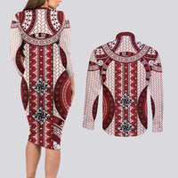 Bula Fiji Vintage Couples Matching Long Sleeve Bodycon Dress and Long Sleeve Button Shirt Scarlet Masi Motifs LT7 - Polynesian Pride