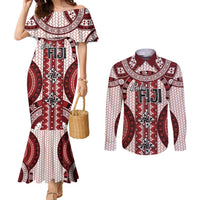 Bula Fiji Vintage Couples Matching Mermaid Dress and Long Sleeve Button Shirt Scarlet Masi Motifs LT7 Scarlet - Polynesian Pride