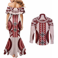 Bula Fiji Vintage Couples Matching Mermaid Dress and Long Sleeve Button Shirt Scarlet Masi Motifs LT7 - Polynesian Pride