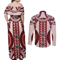 Bula Fiji Vintage Couples Matching Off Shoulder Maxi Dress and Long Sleeve Button Shirt Scarlet Masi Motifs LT7 - Polynesian Pride