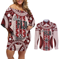 Bula Fiji Vintage Couples Matching Off Shoulder Short Dress and Long Sleeve Button Shirt Scarlet Masi Motifs LT7 Scarlet - Polynesian Pride