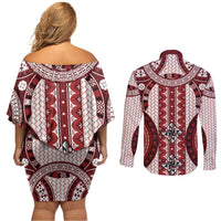 Bula Fiji Vintage Couples Matching Off Shoulder Short Dress and Long Sleeve Button Shirt Scarlet Masi Motifs LT7 - Polynesian Pride