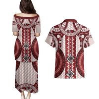 Bula Fiji Vintage Couples Matching Puletasi and Hawaiian Shirt Scarlet Masi Motifs LT7 - Polynesian Pride