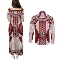 Bula Fiji Vintage Couples Matching Puletasi and Long Sleeve Button Shirt Scarlet Masi Motifs LT7 - Polynesian Pride