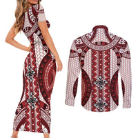 Bula Fiji Vintage Couples Matching Short Sleeve Bodycon Dress and Long Sleeve Button Shirt Scarlet Masi Motifs LT7 - Polynesian Pride