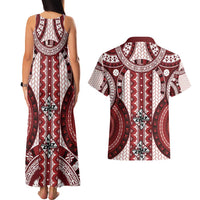 Bula Fiji Vintage Couples Matching Tank Maxi Dress and Hawaiian Shirt Scarlet Masi Motifs LT7 - Polynesian Pride