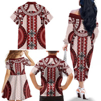 Bula Fiji Vintage Family Matching Off The Shoulder Long Sleeve Dress and Hawaiian Shirt Scarlet Masi Motifs LT7 - Polynesian Pride