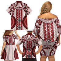 Bula Fiji Vintage Family Matching Off Shoulder Short Dress and Hawaiian Shirt Scarlet Masi Motifs LT7 - Polynesian Pride