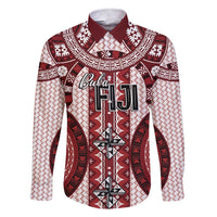Bula Fiji Vintage Family Matching Short Sleeve Bodycon Dress and Hawaiian Shirt Scarlet Masi Motifs LT7 Dad's Shirt - Long Sleeve Scarlet - Polynesian Pride