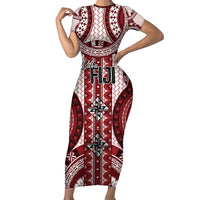Bula Fiji Vintage Family Matching Short Sleeve Bodycon Dress and Hawaiian Shirt Scarlet Masi Motifs LT7 Mom's Dress Scarlet - Polynesian Pride
