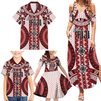 Bula Fiji Vintage Family Matching Summer Maxi Dress and Hawaiian Shirt Scarlet Masi Motifs LT7 - Polynesian Pride