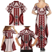 Bula Fiji Vintage Family Matching Summer Maxi Dress and Hawaiian Shirt Scarlet Masi Motifs LT7 - Polynesian Pride