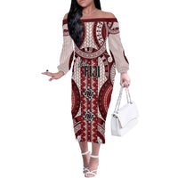 Bula Fiji Vintage Off The Shoulder Long Sleeve Dress Scarlet Masi Motifs LT7 Women Scarlet - Polynesian Pride