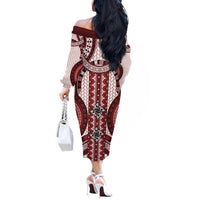 Bula Fiji Vintage Off The Shoulder Long Sleeve Dress Scarlet Masi Motifs LT7 - Polynesian Pride