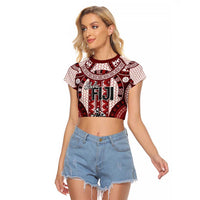 Bula Fiji Vintage Raglan Cropped T Shirt Scarlet Masi Motifs