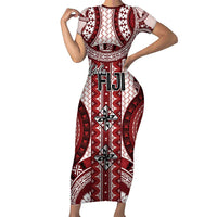 Bula Fiji Vintage Short Sleeve Bodycon Dress Scarlet Masi Motifs LT7 Long Dress Scarlet - Polynesian Pride