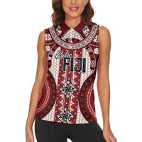 Bula Fiji Vintage Women Sleeveless Polo Shirt Scarlet Masi Motifs LT7 - Polynesian Pride
