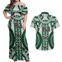 Bula Fiji Vintage Couples Matching Off Shoulder Maxi Dress and Hawaiian Shirt Phthalo Green Masi Motifs LT7 Phthalo Green - Polynesian Pride