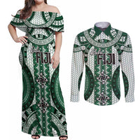 Bula Fiji Vintage Couples Matching Off Shoulder Maxi Dress and Long Sleeve Button Shirt Phthalo Green Masi Motifs LT7 Phthalo Green - Polynesian Pride