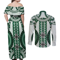 Bula Fiji Vintage Couples Matching Off Shoulder Maxi Dress and Long Sleeve Button Shirt Phthalo Green Masi Motifs LT7 - Polynesian Pride