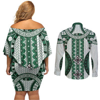 Bula Fiji Vintage Couples Matching Off Shoulder Short Dress and Long Sleeve Button Shirt Phthalo Green Masi Motifs LT7 - Polynesian Pride